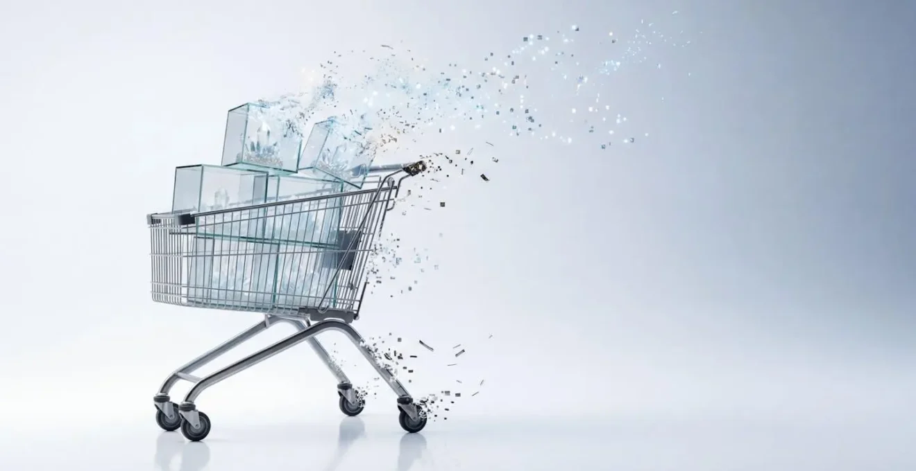 Panier d'achat virtuel abandonné dans une boutique en ligne moderne avec effet de disparition progressif