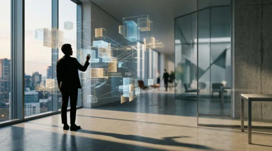 Vue abstraite d'un environnement de travail moderne avec données comportementales visualisées