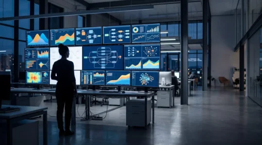 Vue d'ensemble d'un centre de contrôle marketing automation avec tableaux de bord et graphiques de performance