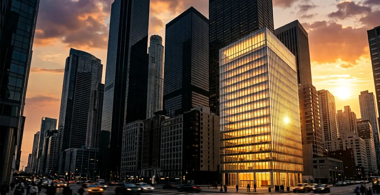 Analyse métaphorique de l'autorité de domaine en SEO représentée par des bâtiments de différentes hauteurs