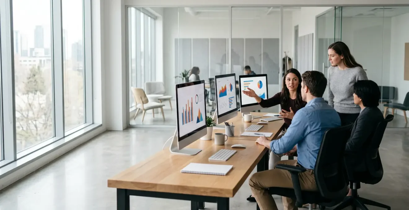 Équipe marketing analysant des métriques de conversion sur écrans dans un espace de travail moderne et lumineux