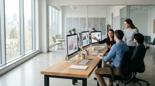 Équipe marketing analysant des métriques de conversion sur écrans dans un espace de travail moderne et lumineux