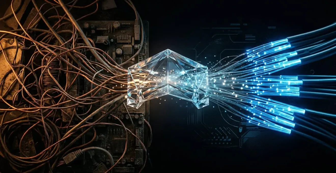 Métaphore visuelle d'une boutique e-commerce avec des engrenages complexes et des flux de données représentant le trafic web