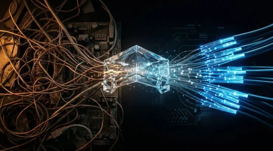 Métaphore visuelle d'une boutique e-commerce avec des engrenages complexes et des flux de données représentant le trafic web