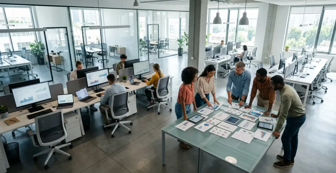 Vue aérienne d'un bureau moderne avec équipe marketing analysant des données sur plusieurs écrans