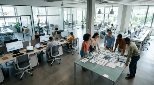 Vue aérienne d'un bureau moderne avec équipe marketing analysant des données sur plusieurs écrans