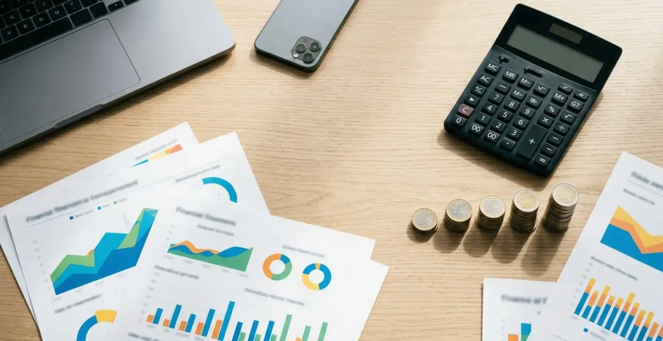 Vue de dessus d'un bureau avec tableaux d'analyse financière et calculatrice professionnelle