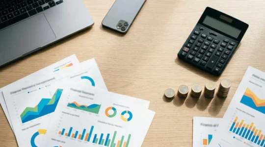 Vue de dessus d'un bureau avec tableaux d'analyse financière et calculatrice professionnelle