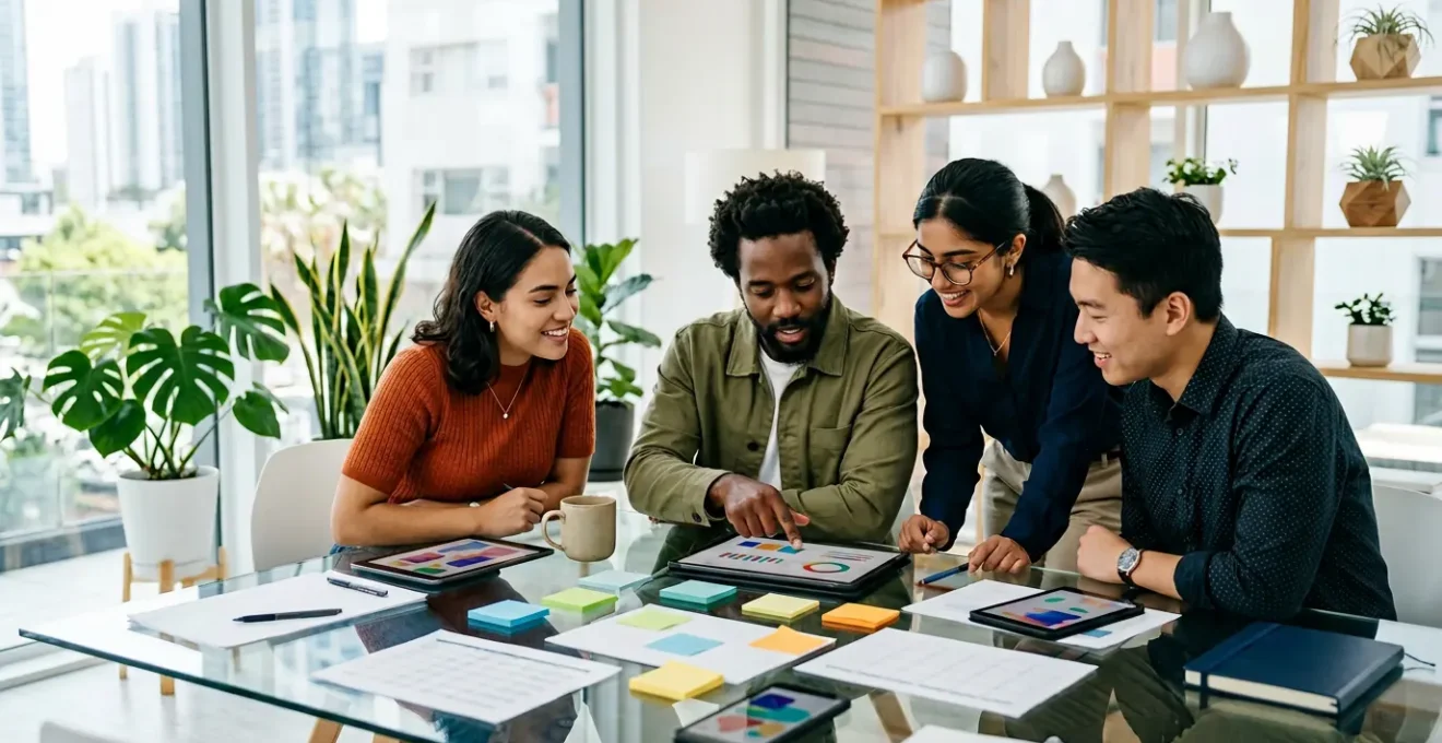 Équipe moderne planifiant un calendrier éditorial avec outils numériques dans un espace de travail lumineux