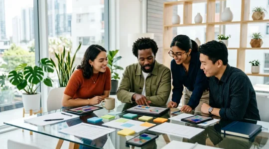 Équipe moderne planifiant un calendrier éditorial avec outils numériques dans un espace de travail lumineux
