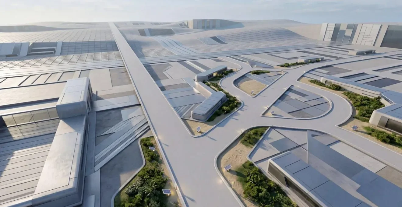 Vue aérienne de deux chemins divergents dans un paysage technologique moderne