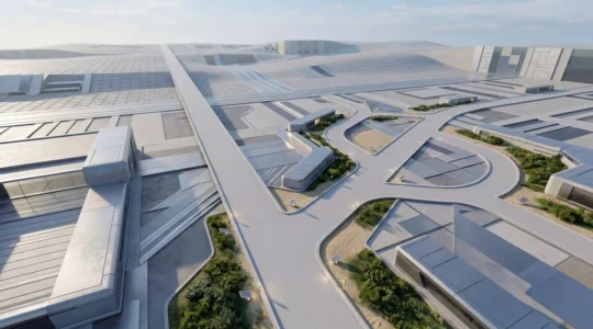 Vue aérienne de deux chemins divergents dans un paysage technologique moderne