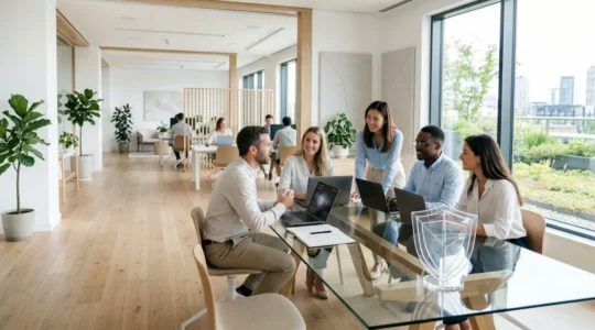 Bureau moderne avec professionnels analysant des données marketing en respectant la conformité RGPD