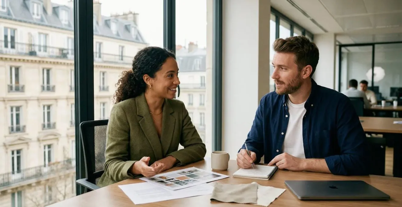 Négociation professionnelle entre une marque et un influenceur dans un environnement français moderne