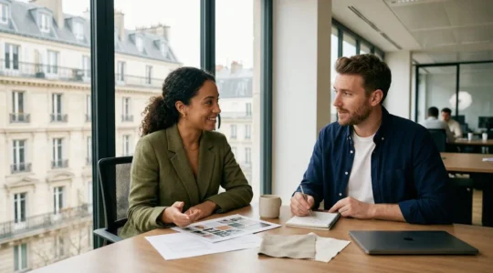 Négociation professionnelle entre une marque et un influenceur dans un environnement français moderne