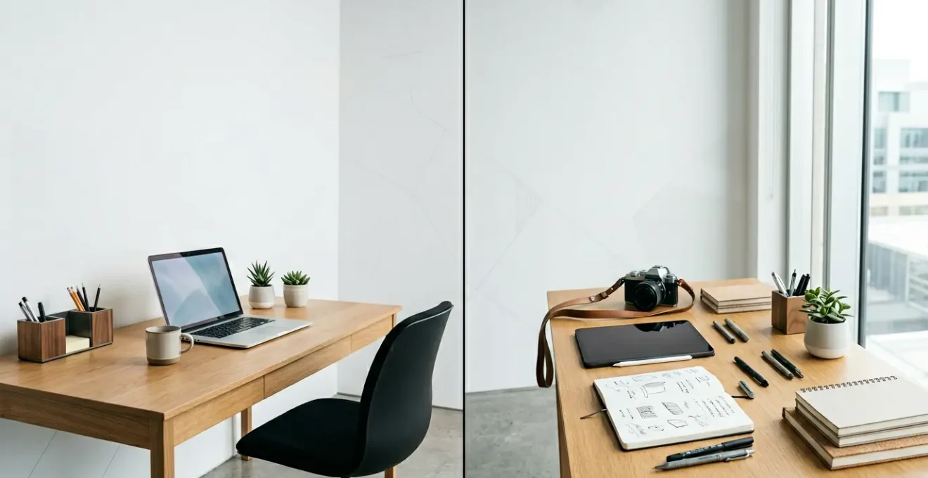 Espace de travail moderne avec deux zones distinctes représentant les modes de collaboration