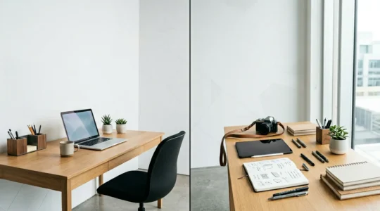 Espace de travail moderne avec deux zones distinctes représentant les modes de collaboration