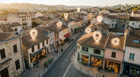 Vue aérienne d'un quartier commercial avec marqueurs de géolocalisation numériques flottant au-dessus des boutiques