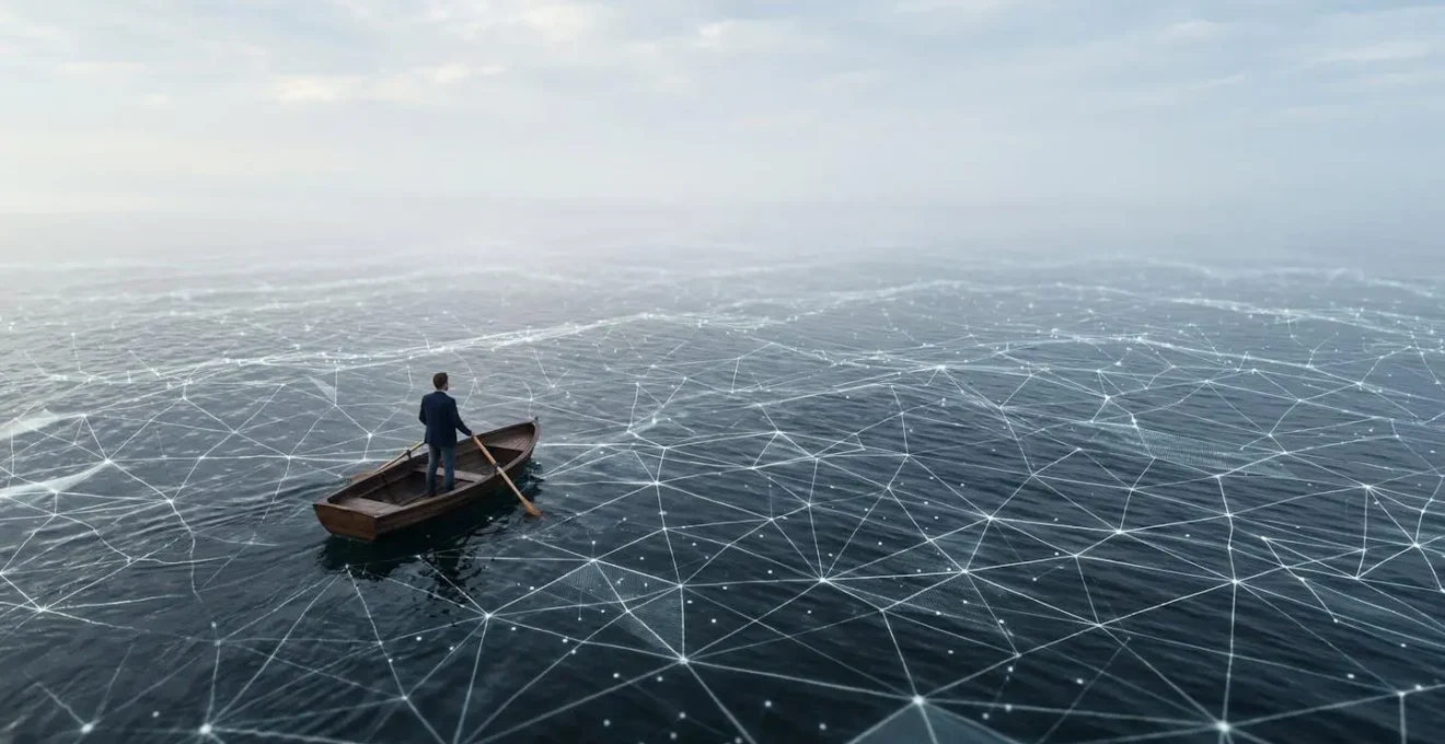 Vue aérienne d'un entrepreneur naviguant sur un océan digital composé d'icônes de réseaux sociaux interconnectées