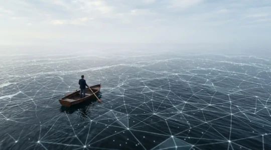 Vue aérienne d'un entrepreneur naviguant sur un océan digital composé d'icônes de réseaux sociaux interconnectées