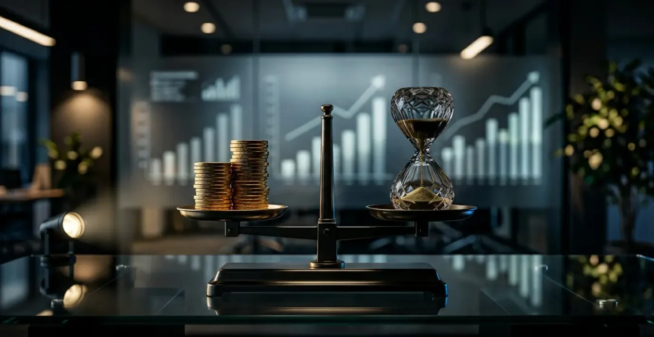 Balance métallique équilibrée entre pièces dorées et sablier de cristal sur bureau moderne