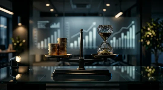 Balance métallique équilibrée entre pièces dorées et sablier de cristal sur bureau moderne