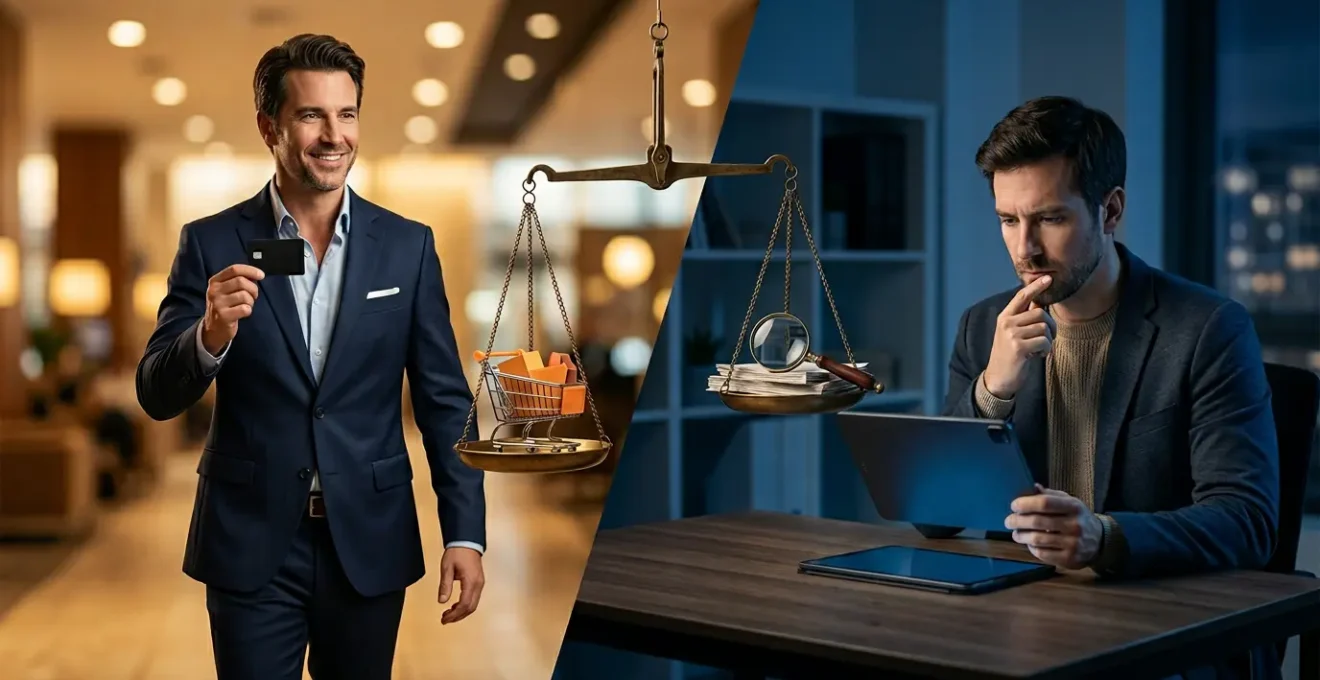 Illustration métaphorique de l'intention d'achat dans Google Ads avec contraste visuel entre acheteur décidé et chercheur d'information