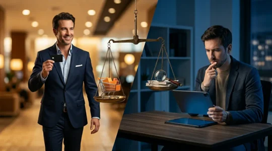 Illustration métaphorique de l'intention d'achat dans Google Ads avec contraste visuel entre acheteur décidé et chercheur d'information