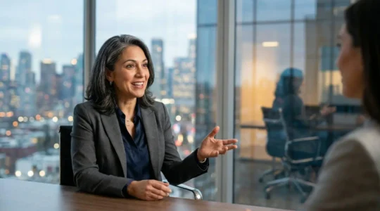 Portrait d'un expert en marketing digital partageant ses connaissances dans un environnement professionnel moderne