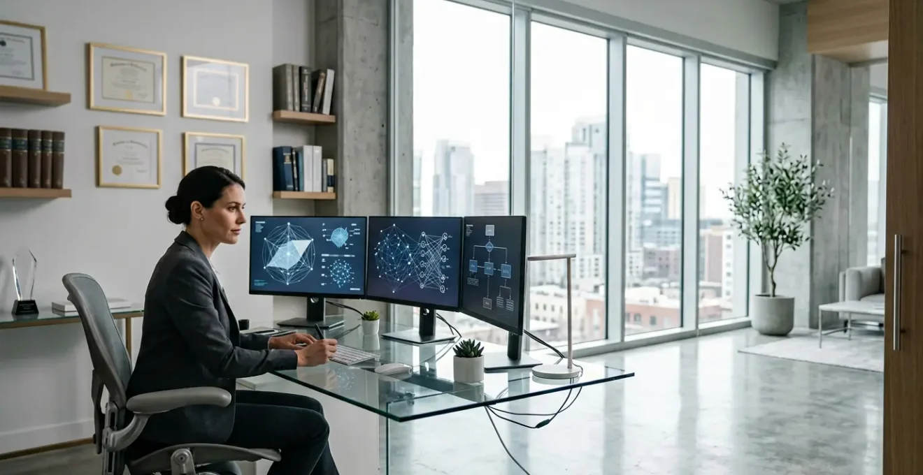 Expert analysant des métriques SEO et E-E-A-T sur plusieurs écrans dans un environnement professionnel moderne