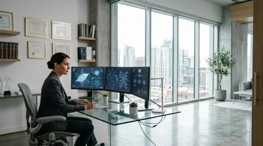 Expert analysant des métriques SEO et E-E-A-T sur plusieurs écrans dans un environnement professionnel moderne