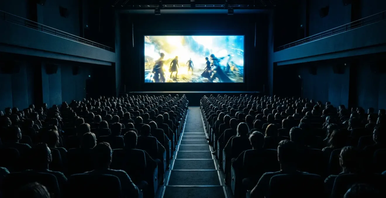 Salle de cinéma moderne avec audience captivée par l'écran, vue de dos montrant leur attention intense
