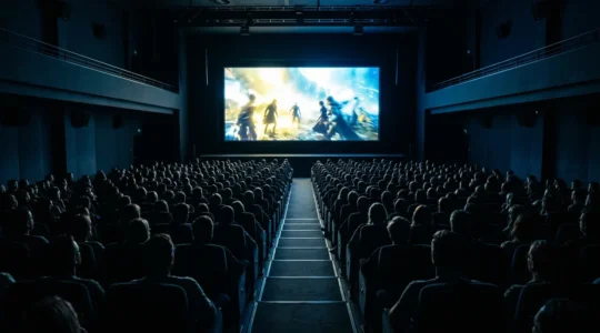 Salle de cinéma moderne avec audience captivée par l'écran, vue de dos montrant leur attention intense