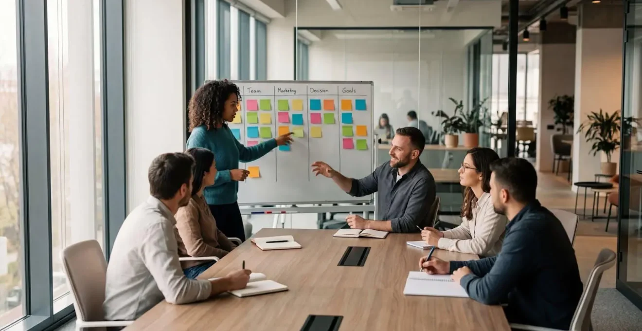 Équipe marketing en réunion de sprint planning avec tableaux kanban et post-its colorés