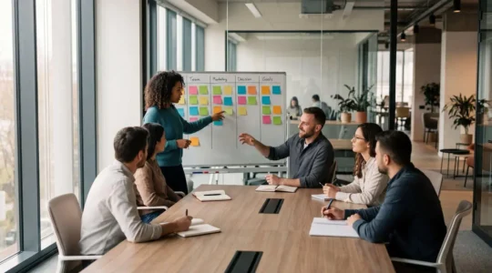 Équipe marketing en réunion de sprint planning avec tableaux kanban et post-its colorés