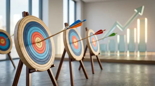 Composition professionnelle d'un tableau de bord marketing avec des graphiques ascendants et des flèches visant des cibles concentriques