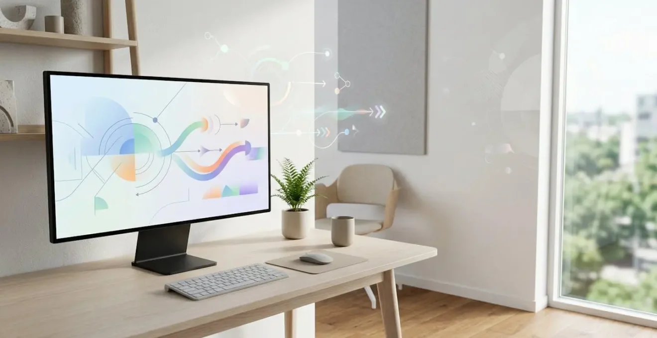 Bureau moderne avec écran d'ordinateur affichant des métriques de performance web et une interface de gestion d'images