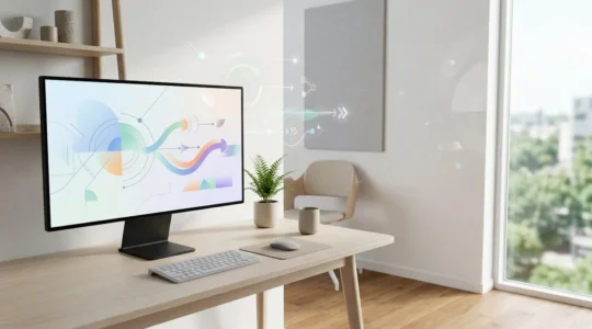 Bureau moderne avec écran d'ordinateur affichant des métriques de performance web et une interface de gestion d'images