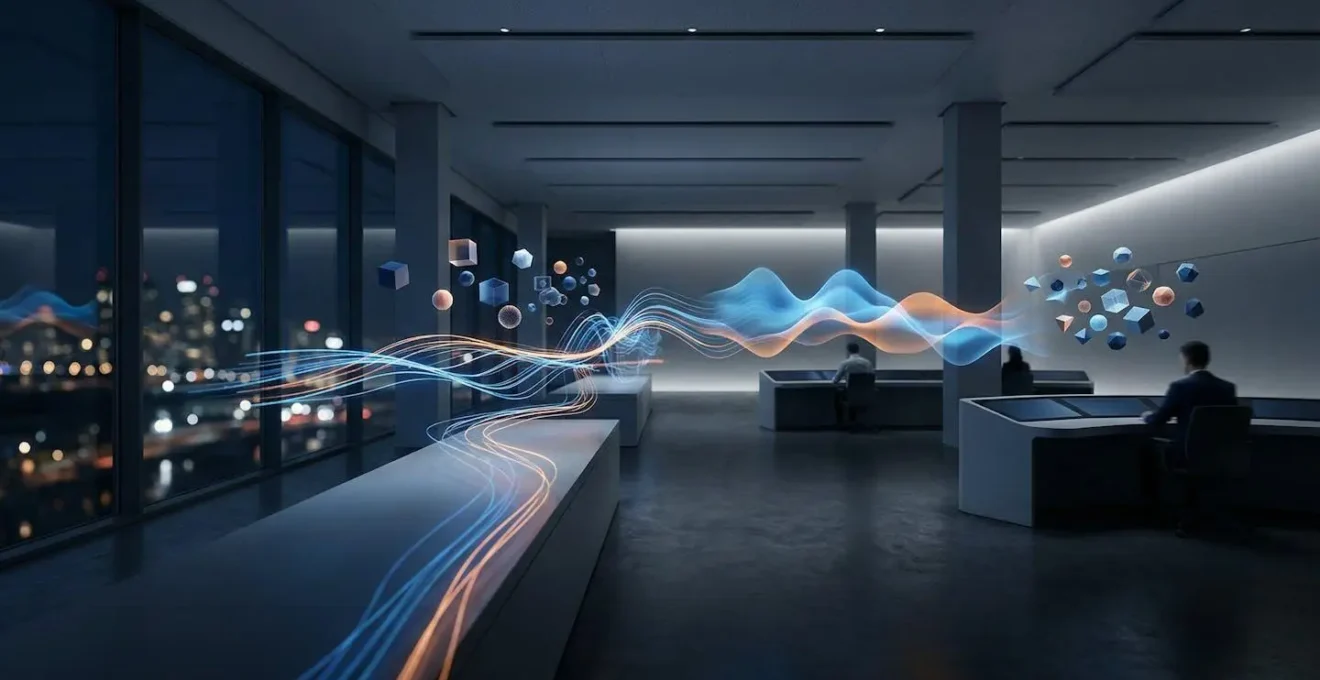 Tableau de bord numérique abstrait montrant des flux de données en temps réel et des indicateurs de performance