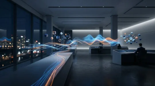 Tableau de bord numérique abstrait montrant des flux de données en temps réel et des indicateurs de performance