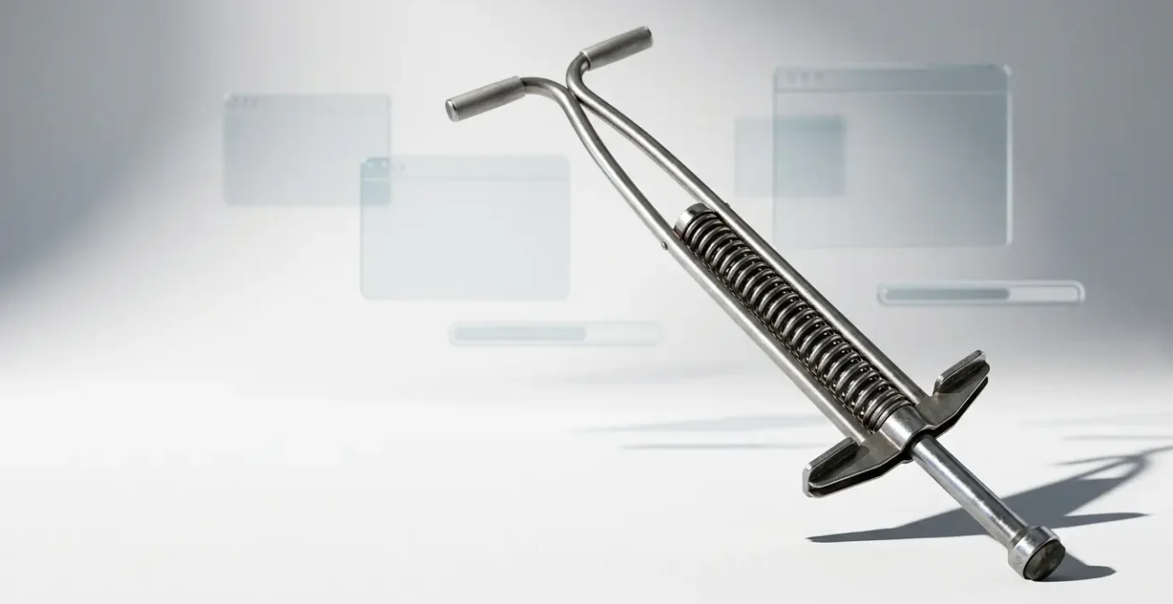 Métaphore visuelle du pogo-sticking avec un trampoline et des éléments d'interface web suggérés en arrière-plan