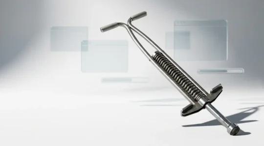 Métaphore visuelle du pogo-sticking avec un trampoline et des éléments d'interface web suggérés en arrière-plan