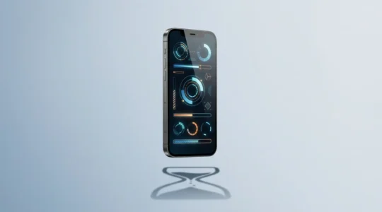 Écran de smartphone montrant des indicateurs de performance web et un chronomètre symbolisant le temps de chargement