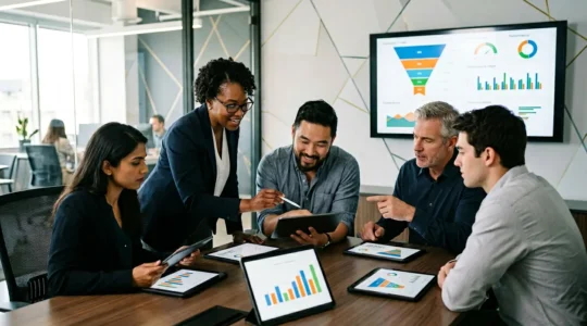 Équipe analysant des données de trafic qualifié dans un espace de travail moderne