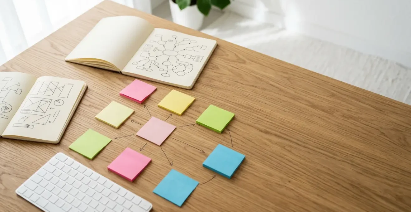 Bureau moderne avec carnets de notes et diagrammes de stratégie marketing éparpillés sur une table en bois naturel
