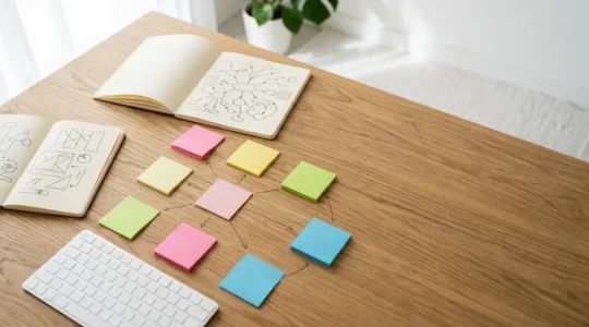 Bureau moderne avec carnets de notes et diagrammes de stratégie marketing éparpillés sur une table en bois naturel