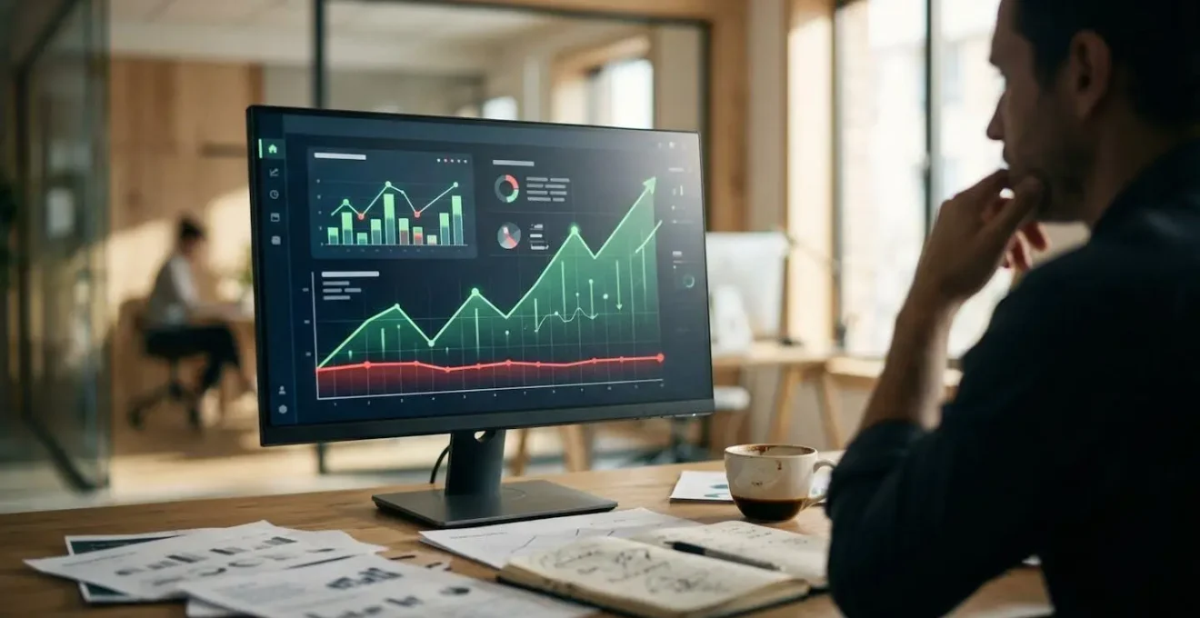 Analyse de données marketing montrant une courbe de trafic croissante et une ligne de ventes stagnante sur un écran de tableau de bord