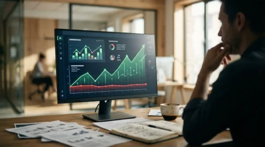 Analyse de données marketing montrant une courbe de trafic croissante et une ligne de ventes stagnante sur un écran de tableau de bord
