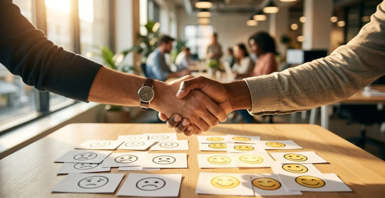 Représentation symbolique d'une interaction client positive transformant une critique en opportunité de croissance