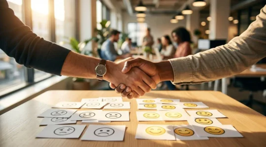 Représentation symbolique d'une interaction client positive transformant une critique en opportunité de croissance